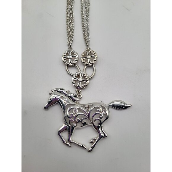 Silver Tone Western Cowgirl Ranch Country Horse Statement Necklace Rhinestone - Picture 2 of 9